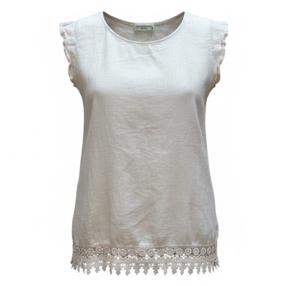 Terzo Millennio Ivory Cap Sleeve 100% Linen Blouse Top Crochet Eyelet Hem Med - Picture 2 of 12